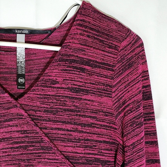 Kensie Magenta/Black Heathered 3/4 Sleeve Fit and Flare Dress - Size Medium - Picture 4 of 12